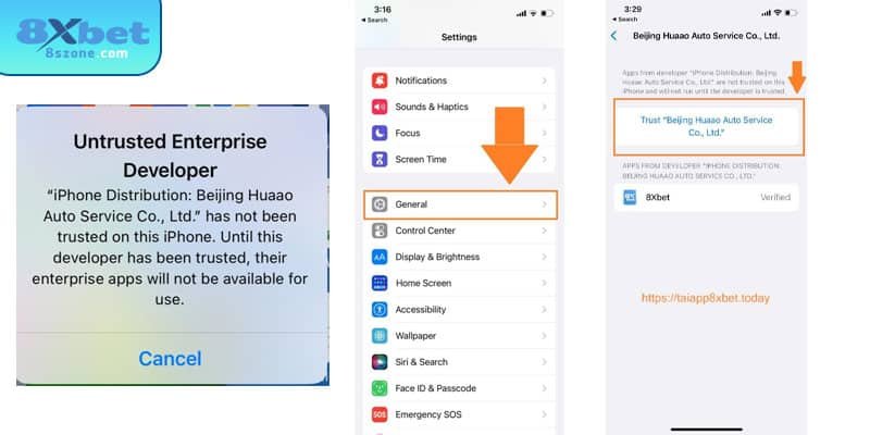 Cài đặt nhà phát triển tin cậy app 8xbet