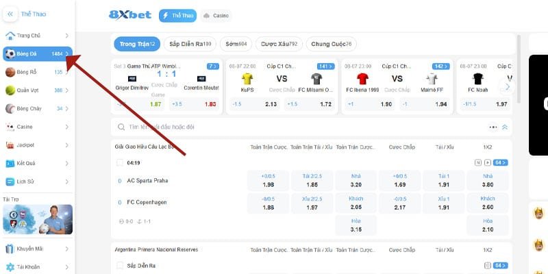 Click vào menu bên trái và chọn các môn thể thao 8xbet mà bạn quan tâm