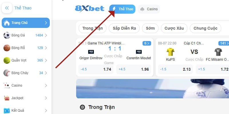 Đăng nhập và chọn thể thao tại 8xbet